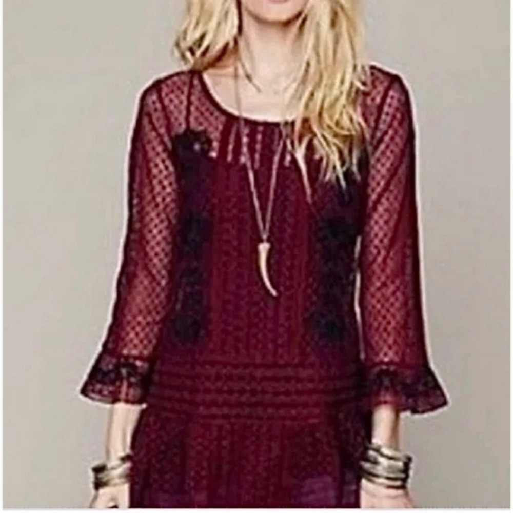 Free People Plum Burgundy Mesh Lace Embroidered Tunic Top Bell Sleeve Medium